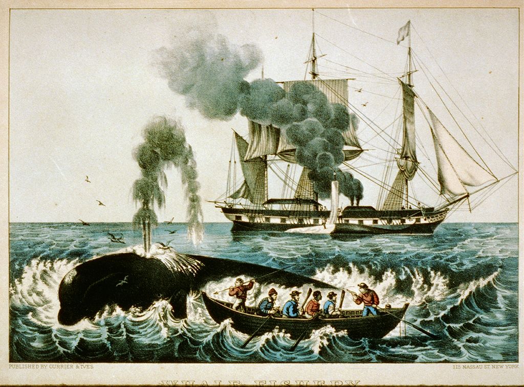 New England whaling c. 1860: Whale fishery -- attacking a right whale, by Currier & Ives